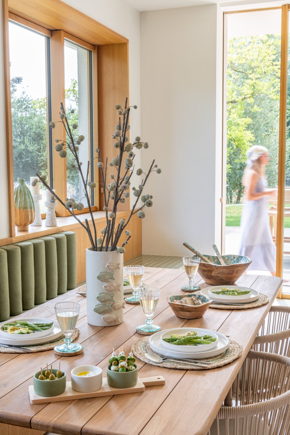 Tapasservice Windowbox – grün/weiß, 3 Sets + Holztablett