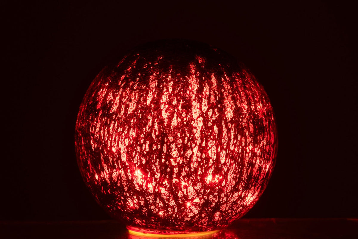 Kerstbal LED craquelé groot – glas, kerstrood, Ø20 cm