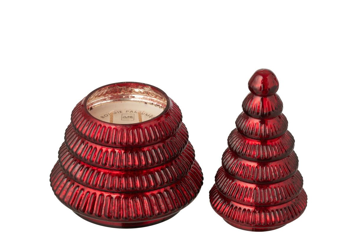 Geurkaars kerstboom geribbeld groot – glas, kerstrood, Ø13 x 21,5 cm