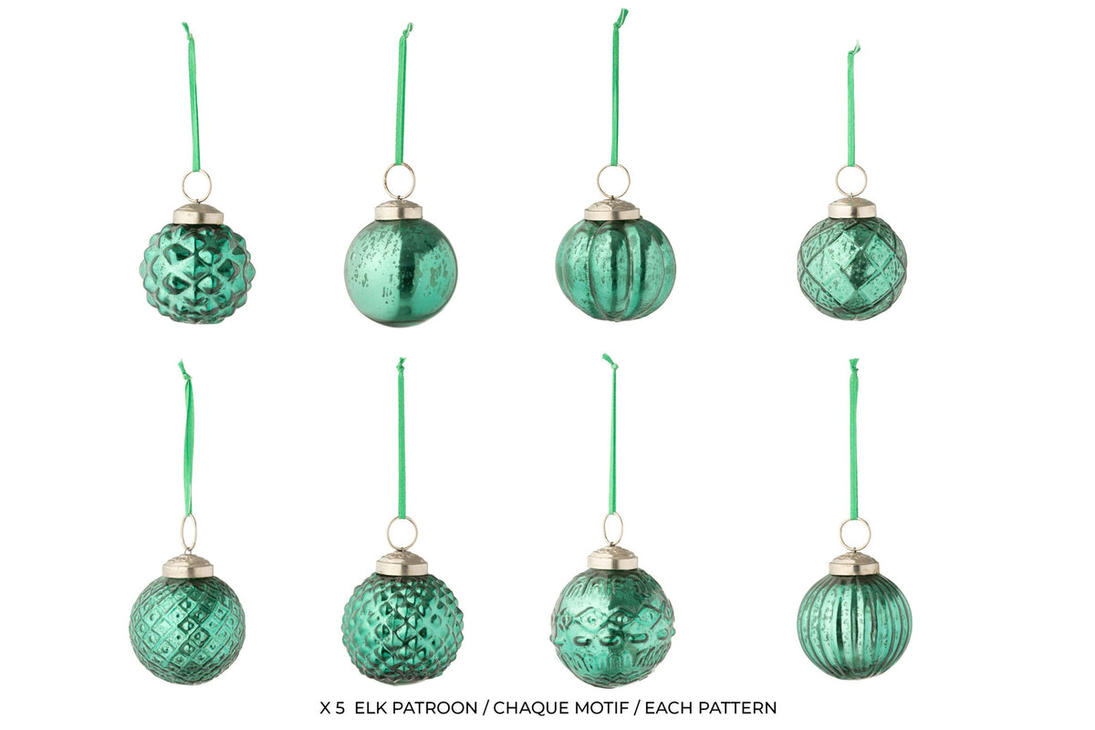 Kerstballen 8 patronen doos van 40 – glas, ijzer, lint, groen, Ø6 cm