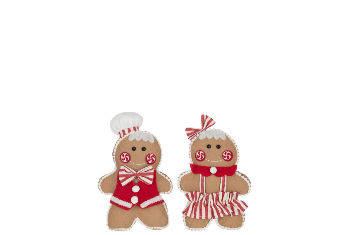 Peperkoek jongen en meisje klein – set van 2, polyester, camel en kerstrood, 28 cm