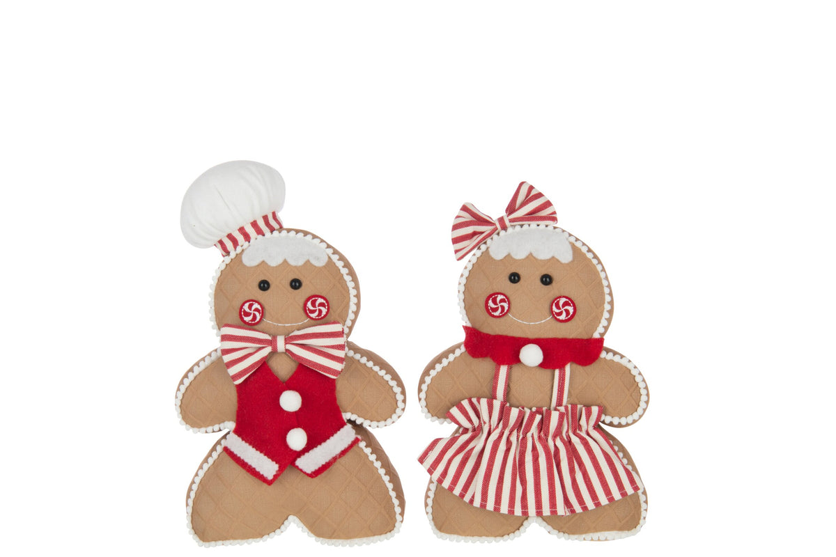 Peperkoek jongen en meisje groot – set van 2, polyester, camel en kerstrood, 39 cm