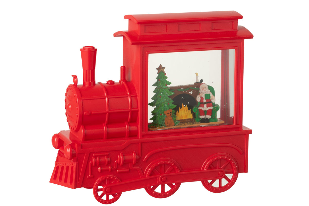Waterbol locomotief – kunststof, kerstrood, 19×8,5×26 cm