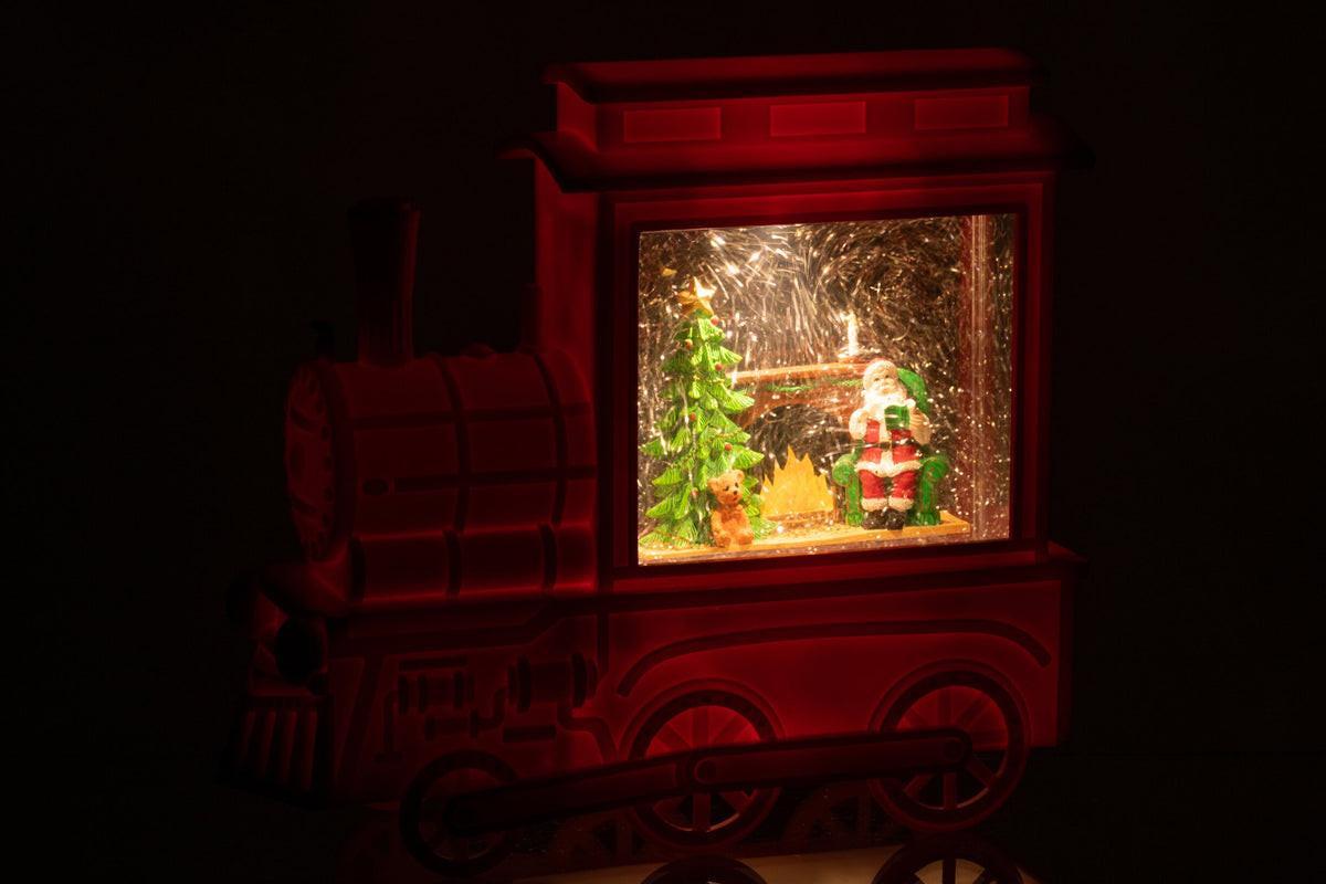 Waterbol locomotief – kunststof, kerstrood, 19×8,5×26 cm