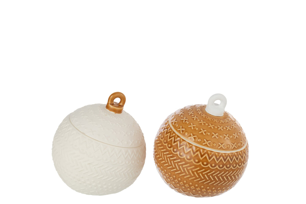 Decoratieve pot kerstbal – set van 2, porselein, wit en mosterdgeel, Ø12,5 x 13,5 cm