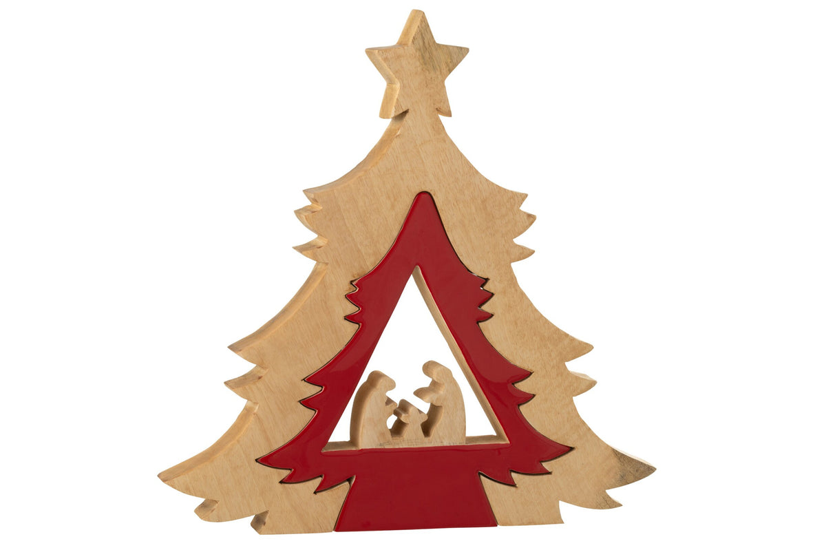 Kerststal in boom met ster – mangohout, kerstrood en naturel, 41,5 cm