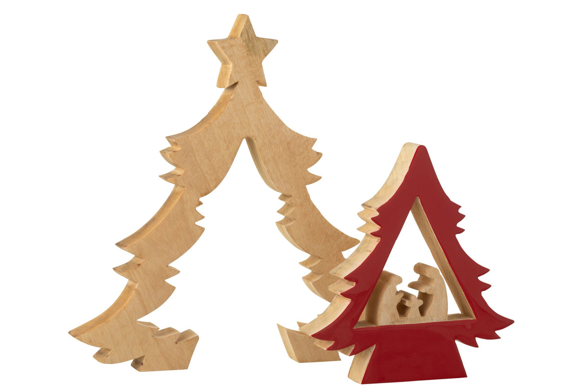 Kerststal in boom met ster – mangohout, kerstrood en naturel, 41,5 cm