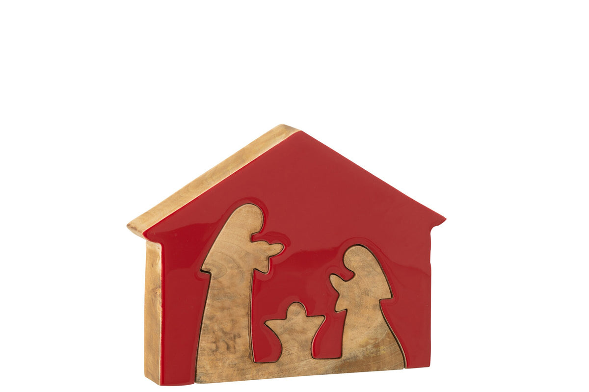 Kerststal in huis groot – mangohout, kerstrood en naturel, 17,5×4×22 cm