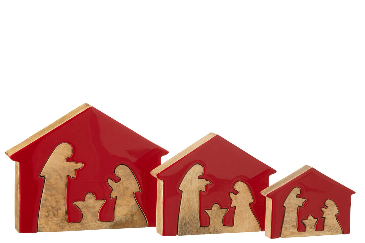 Kerststal in huis groot – mangohout, kerstrood en naturel, 17,5×4×22 cm