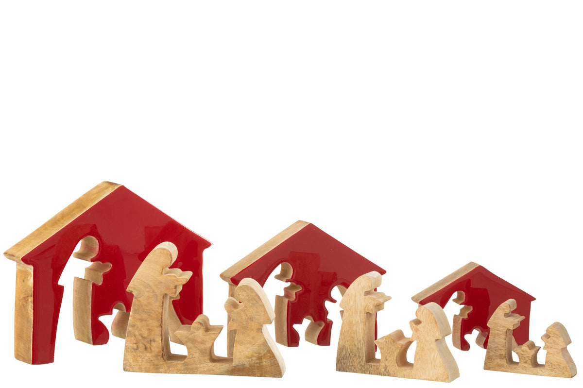 Kerststal in huis groot – mangohout, kerstrood en naturel, 17,5×4×22 cm