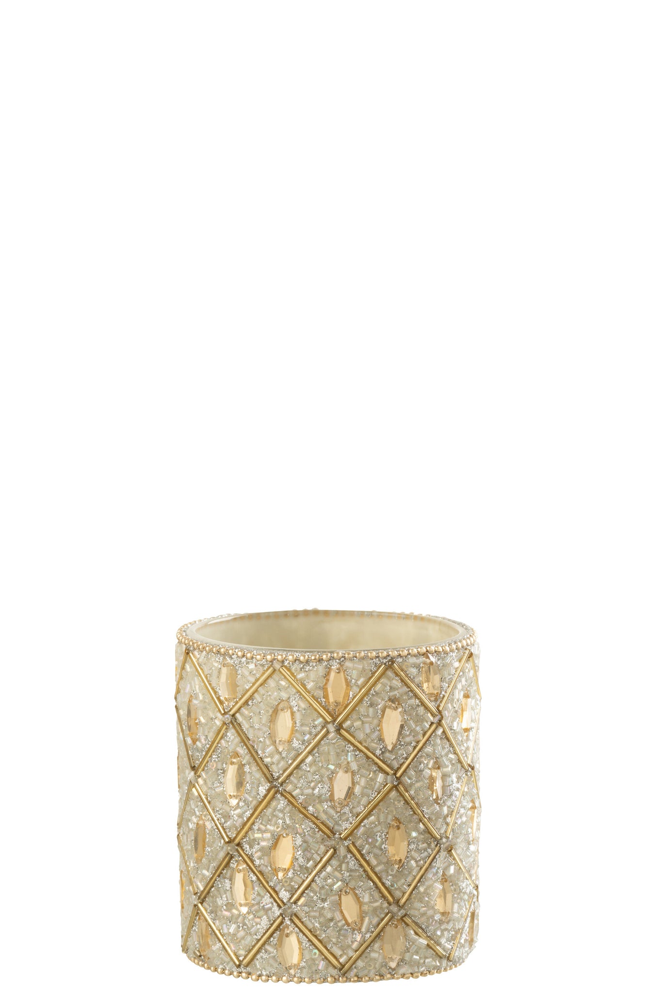 Tealight Holder Glass/Beads White/Gold Colored Large