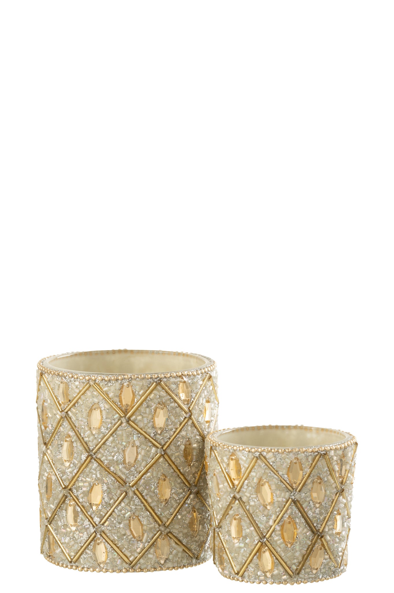 Tealight Holder Glass/Beads White/Gold Colored Large