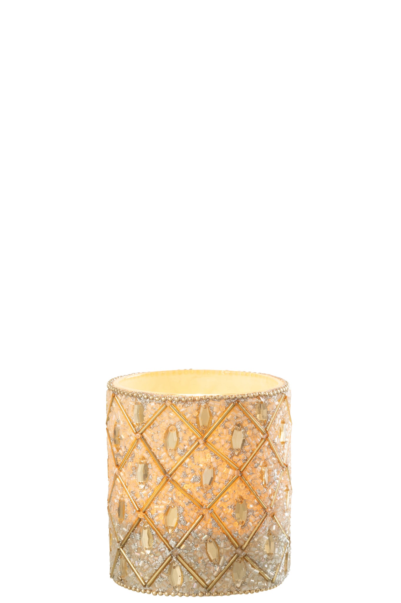 Tealight Holder Glass/Beads White/Gold Colored Large