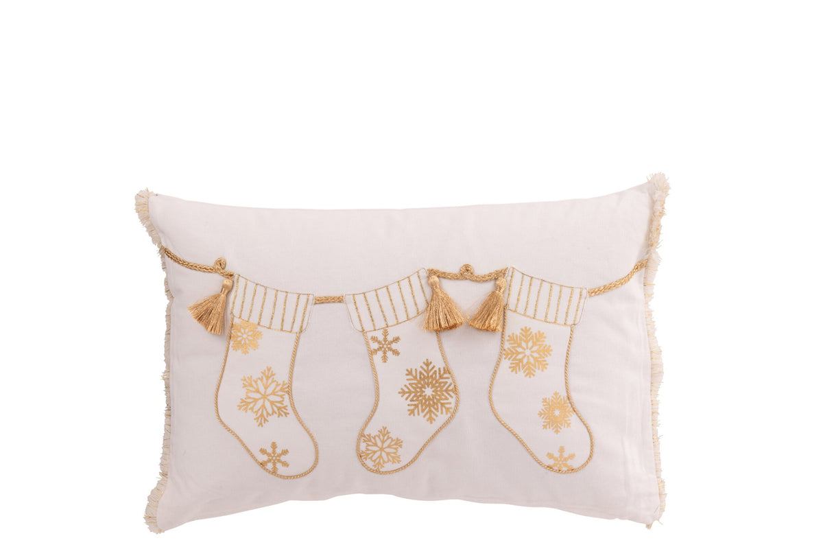 Kussen kerstsok – katoen, wit en goud, 45 x 30 cm