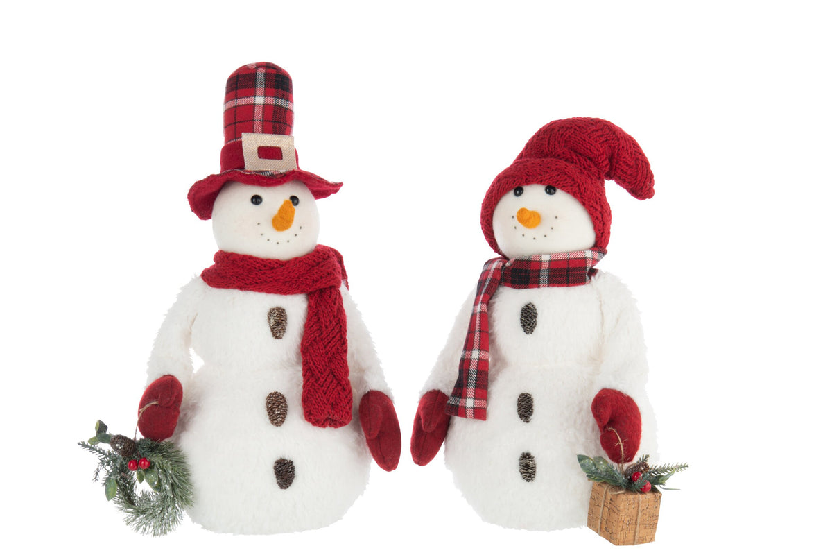 Sneeuwpop jongen en meisje – set van 2, schuim en polyester, wit en kerstrood, 53 cm