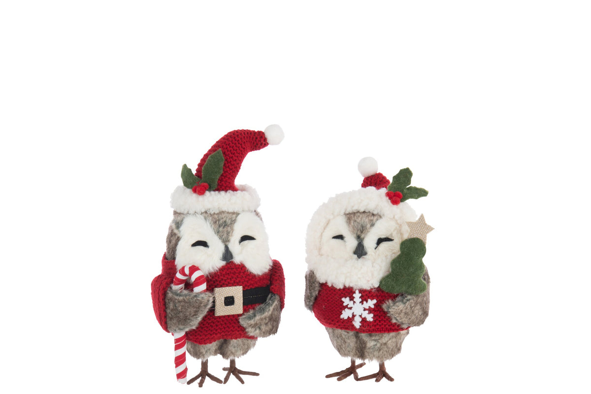 Uil decoratie – set van 2, polyester, bruin en kerstrood, 24 cm
