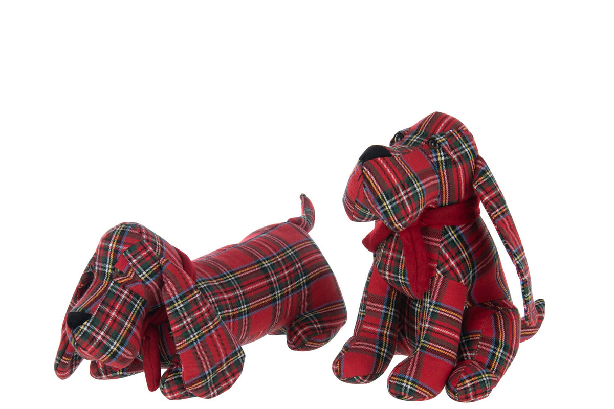 Deurstopper hond geruit – set van 2, polyester, kerstrood en donkergroen, 18 x 20 x 30 cm