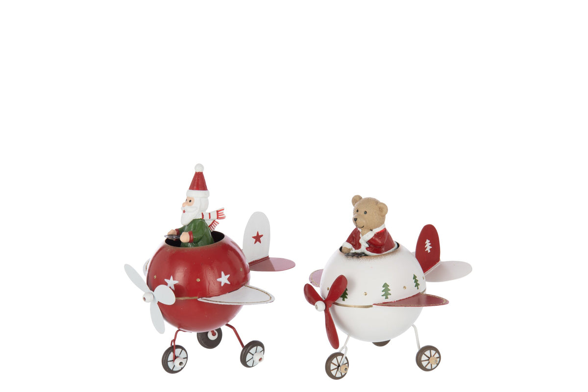 Beer en kerstman in vliegtuig groot – set van 2, metaal, kerstrood en wit, 16 cm