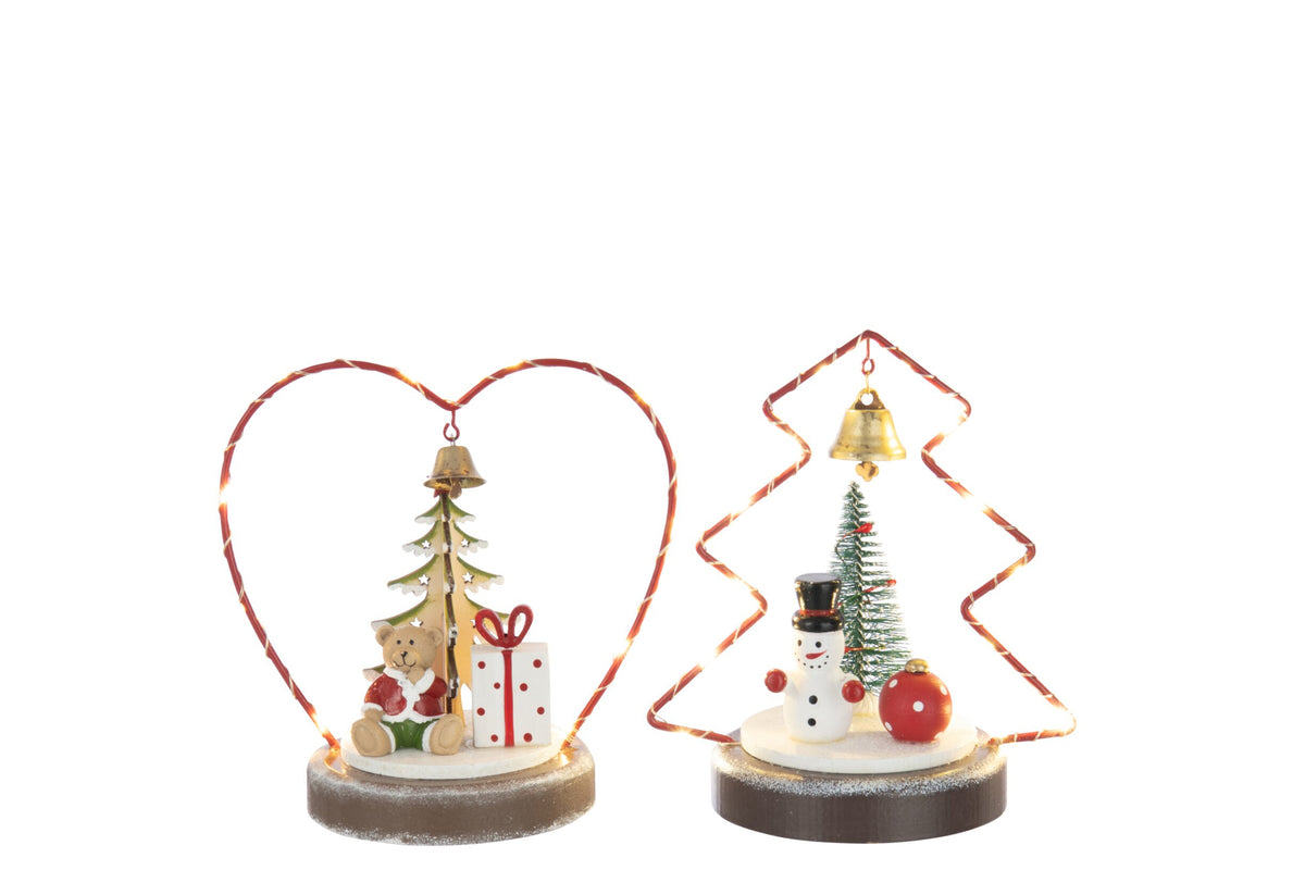 Beer en sneeuwpop met LED – set van 2, multiplex, kerstrood en wit, 17 cm
