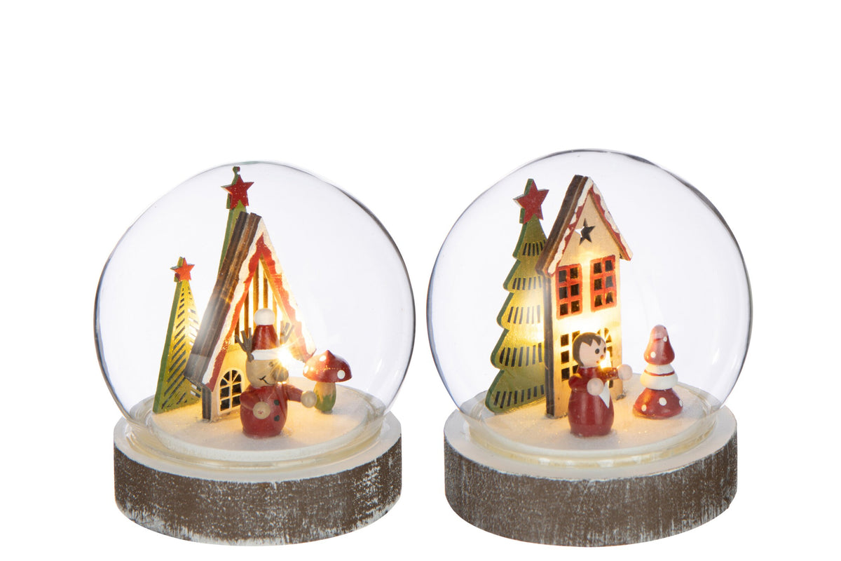 Lichtbol LED met huisje – set van 2, glas en multiplex, wit en kerstrood, Ø10 cm
