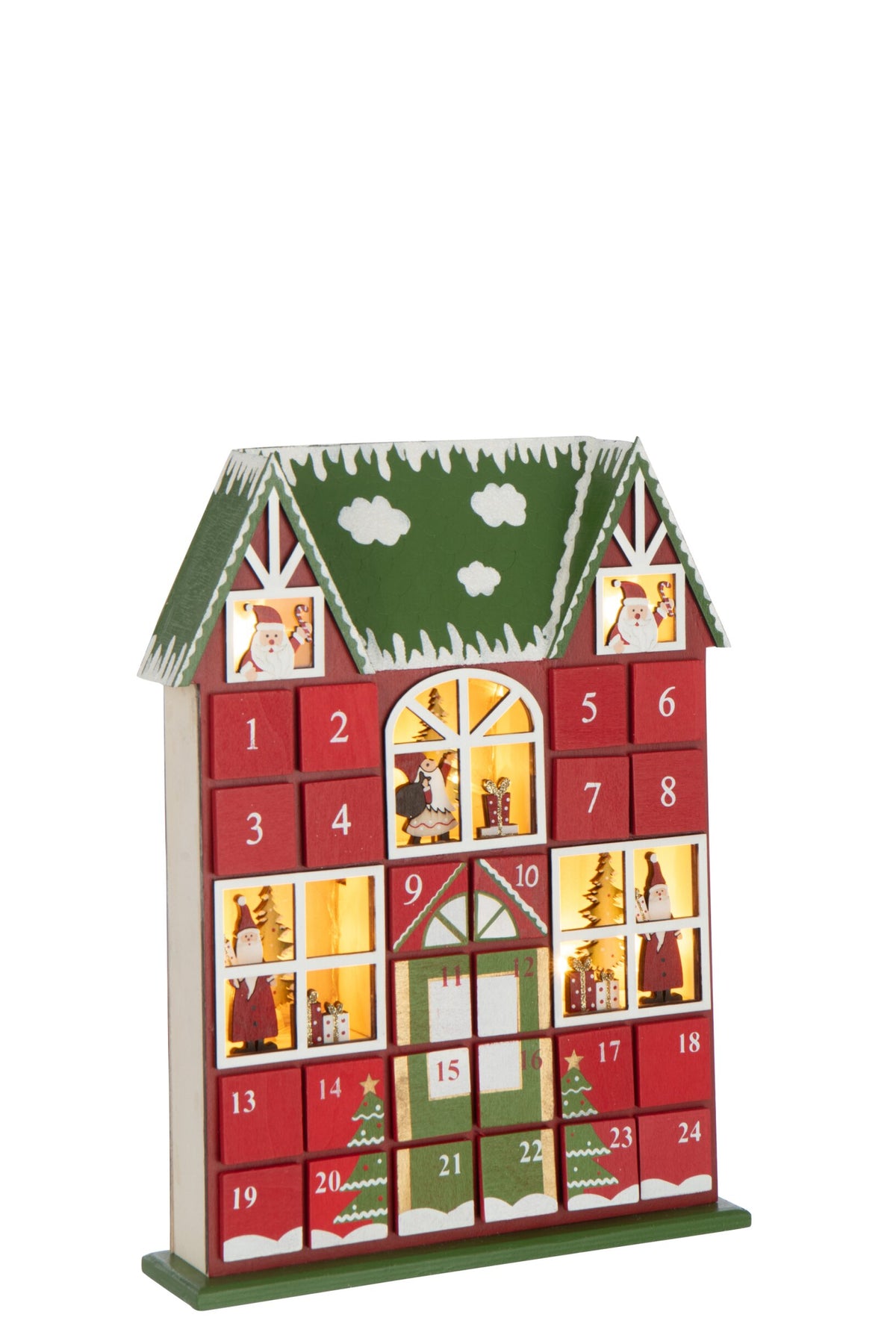 Adventskalender huis met LED – multiplex, kerstrood en donkergroen, 25,5×6,5×34,5 cm