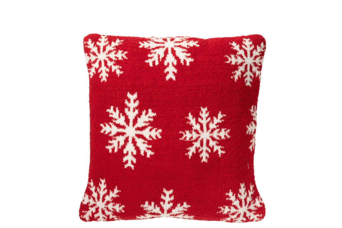 Kussen sneeuwvlokken – polyester, rood en wit, 45 x 45 cm