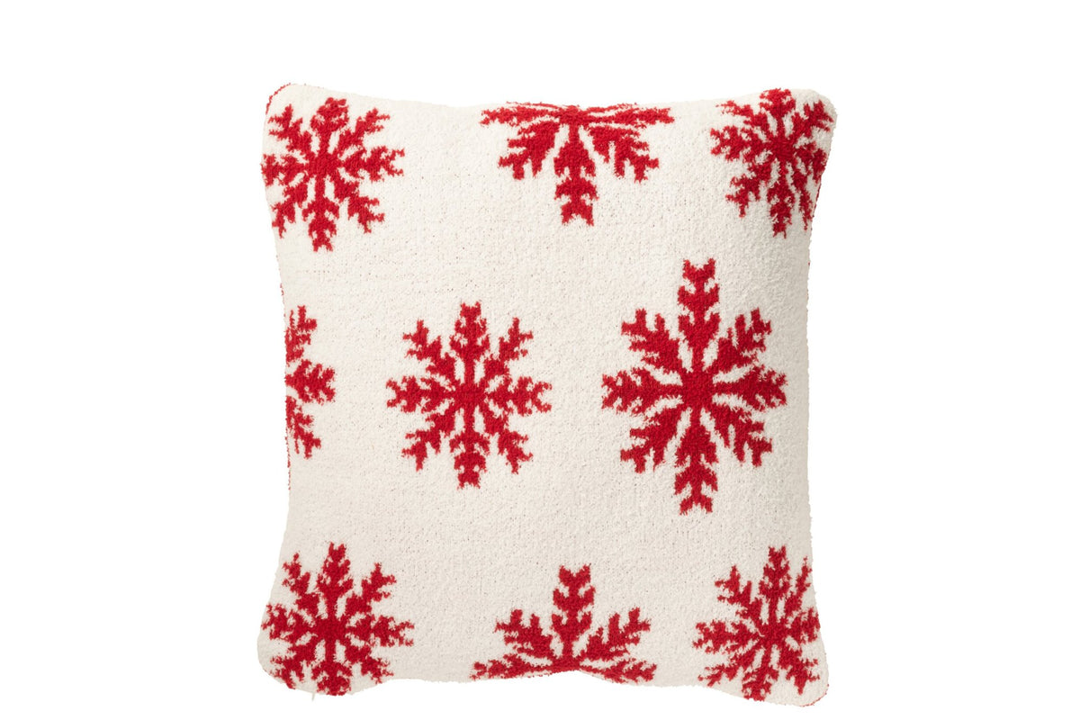 Kussen sneeuwvlokken – polyester, rood en wit, 45 x 45 cm