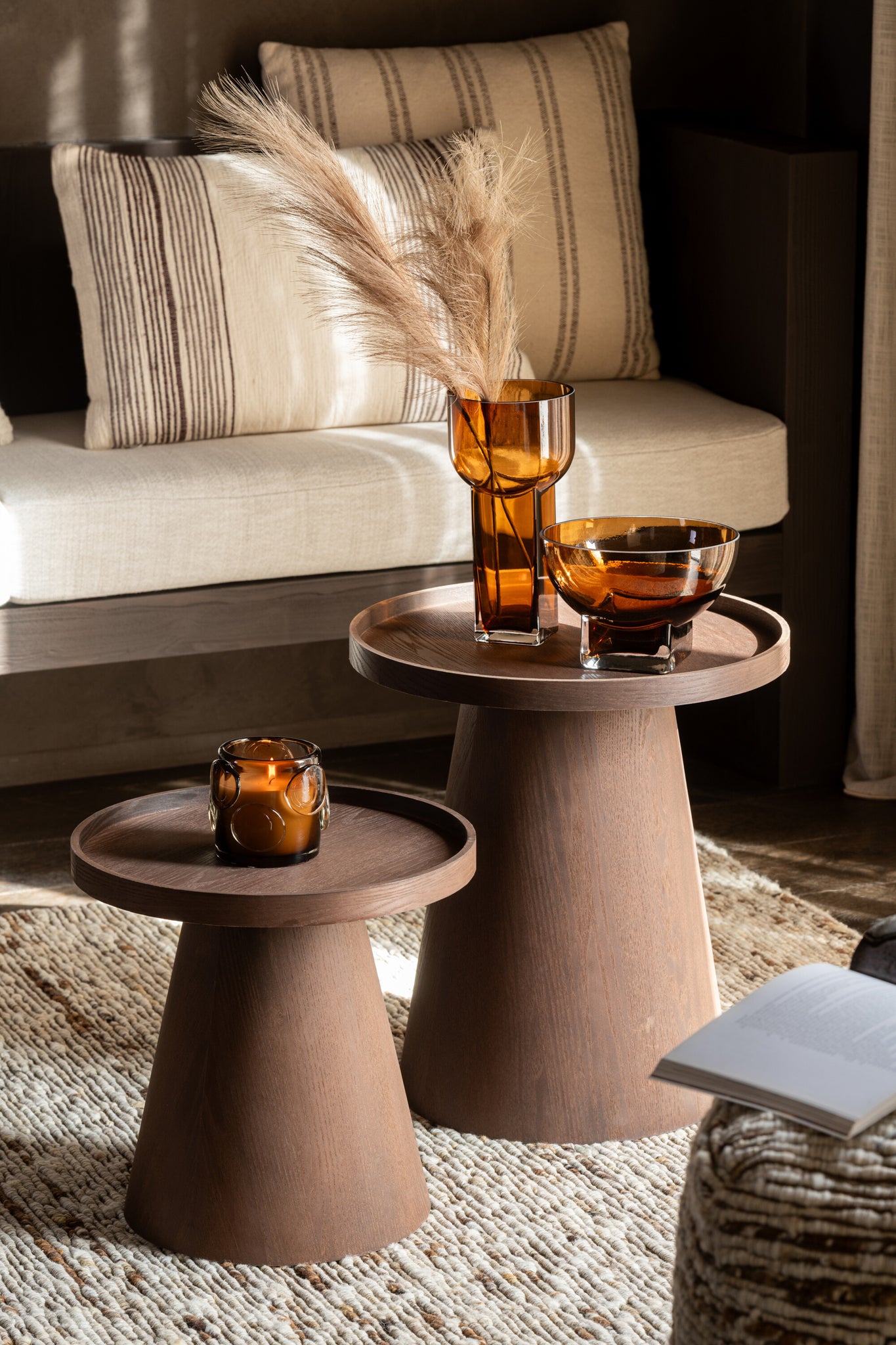 Set Of 2 Side Table Round Mdf Dark Brown