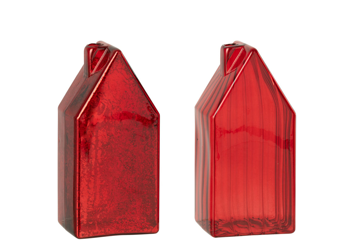 Huisje groot – set van 2, glas, kerstrood, 17 cm