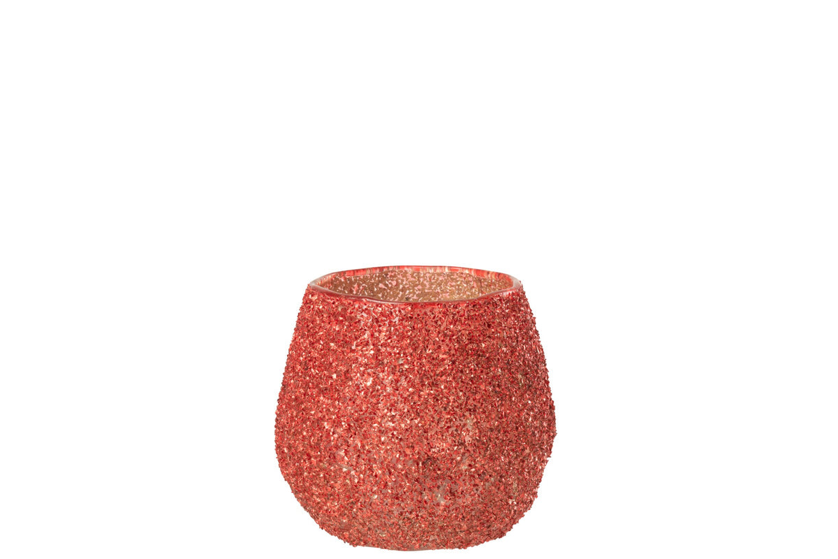 Theelichthouder glas klein – glas en steen, kerstrood, Ø10,5 x 10 cm