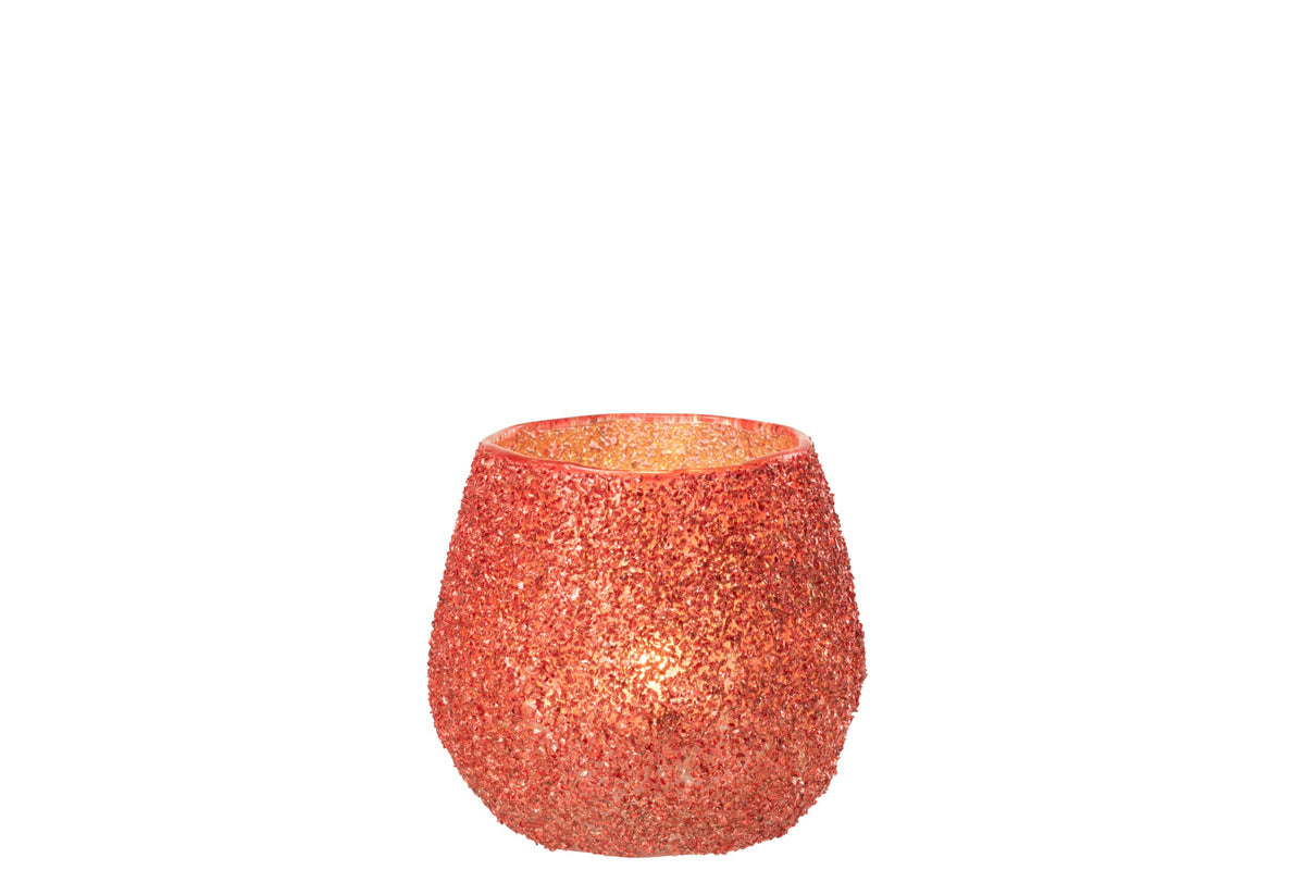Theelichthouder glas klein – glas en steen, kerstrood, Ø10,5 x 10 cm