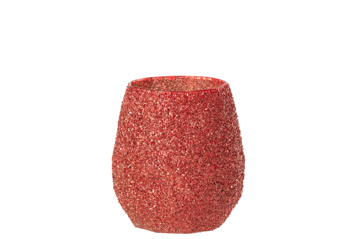 Theelichthouder glas groot – glas en steen, kerstrood, Ø12 x 13 cm