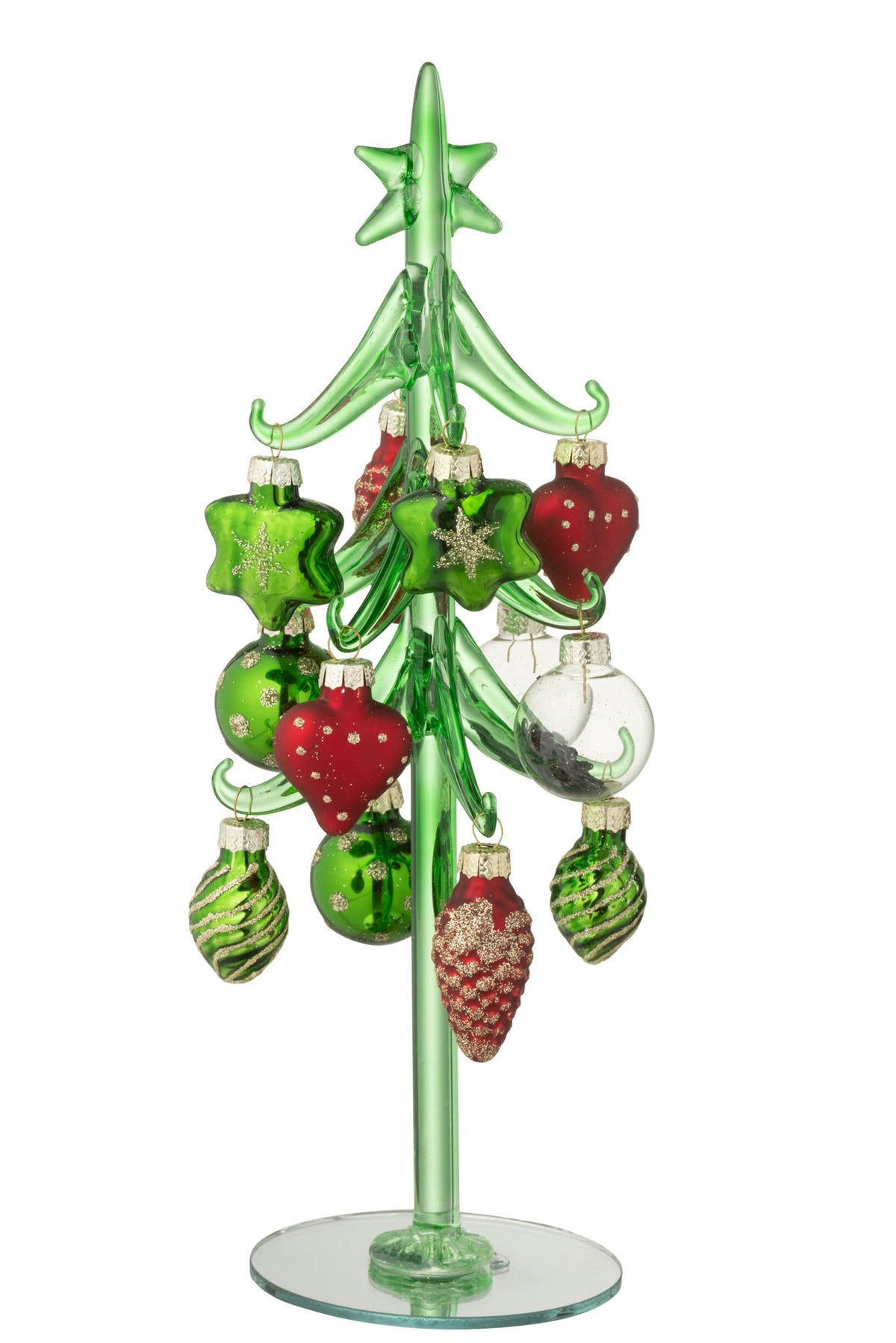 Glazen kerstboompje met kerstballen – glas, donkergroen en kerstrood, 26 cm