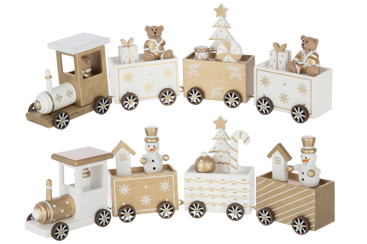 Trein met beer en sneeuwpop – set van 2, multiplex, wit en goud, 10,5 cm