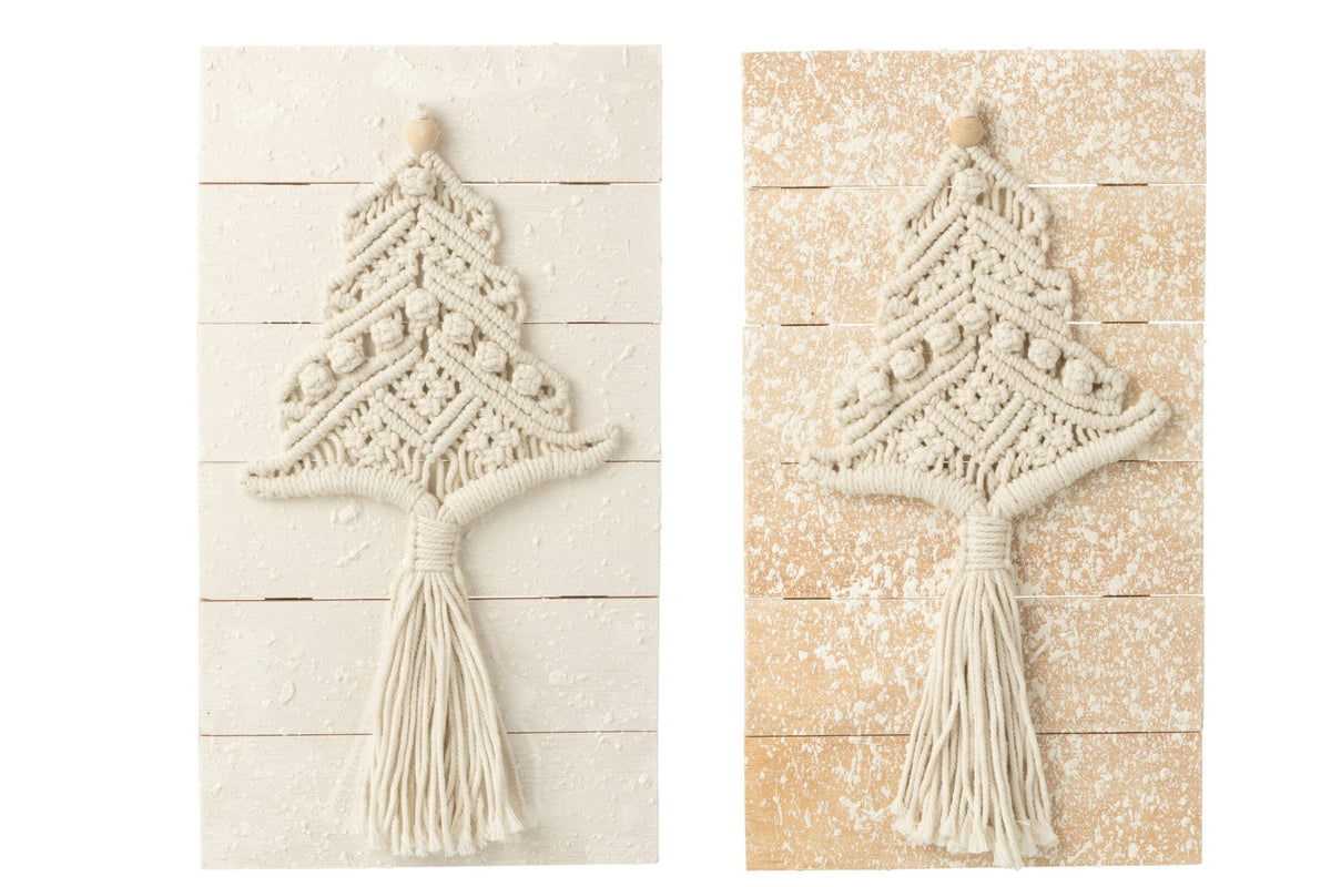 Wanddecoratie kerstboom – set van 2, katoen en albasiahout, naturel en wit, 54,5 cm