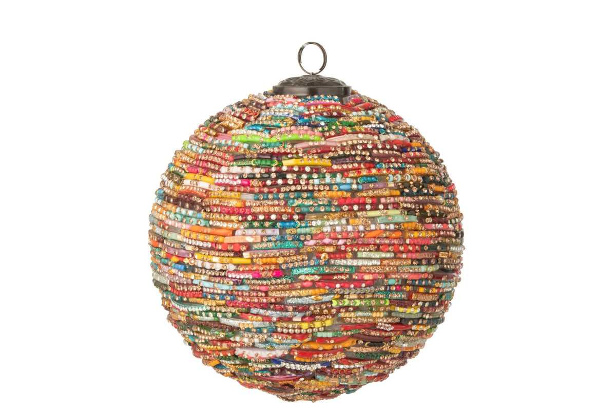 Kerstbal met kralen groot – glas, roze en goud, Ø15 cm