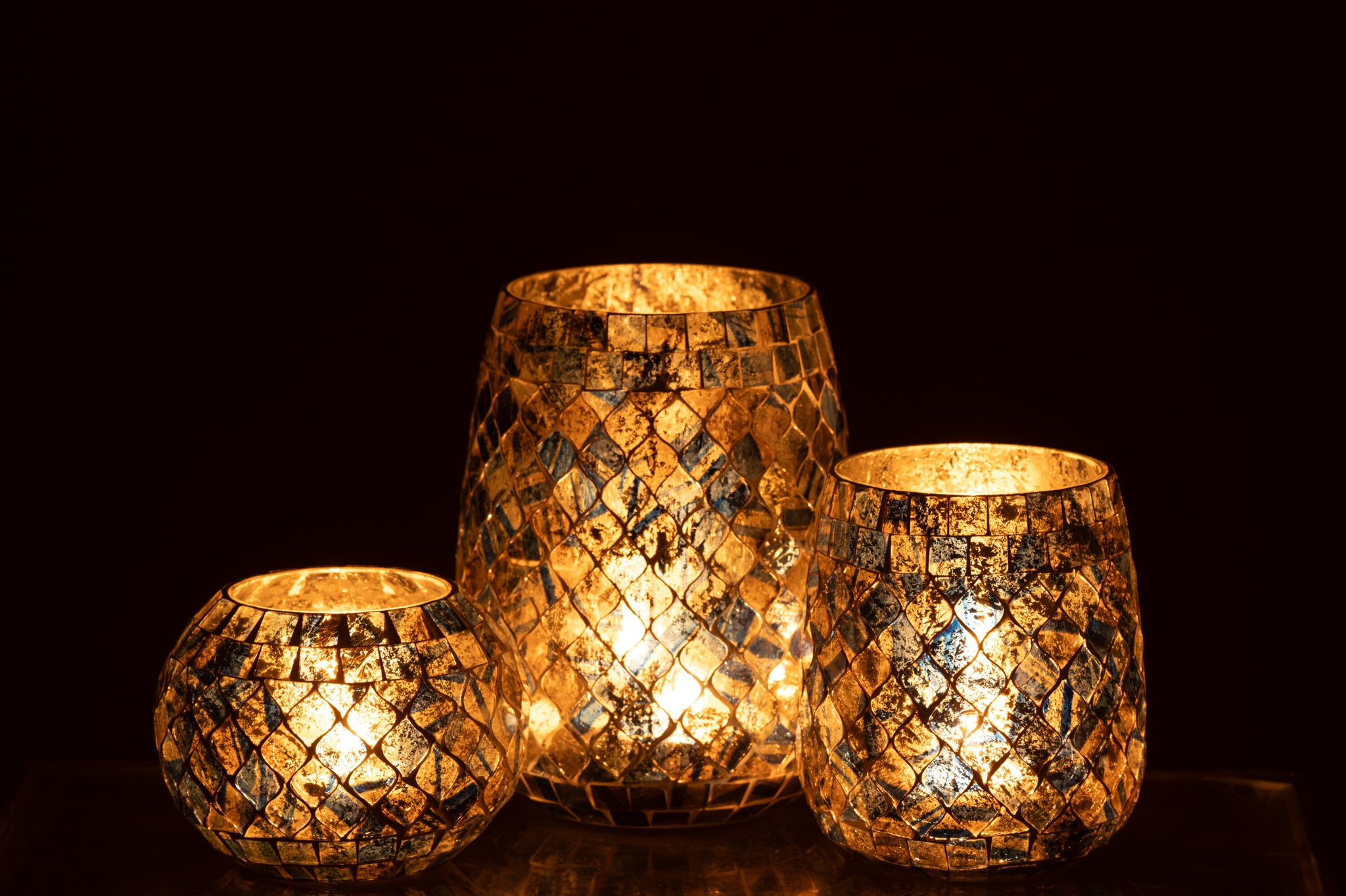 Candle Holder Mosaic Glass Grey Blue