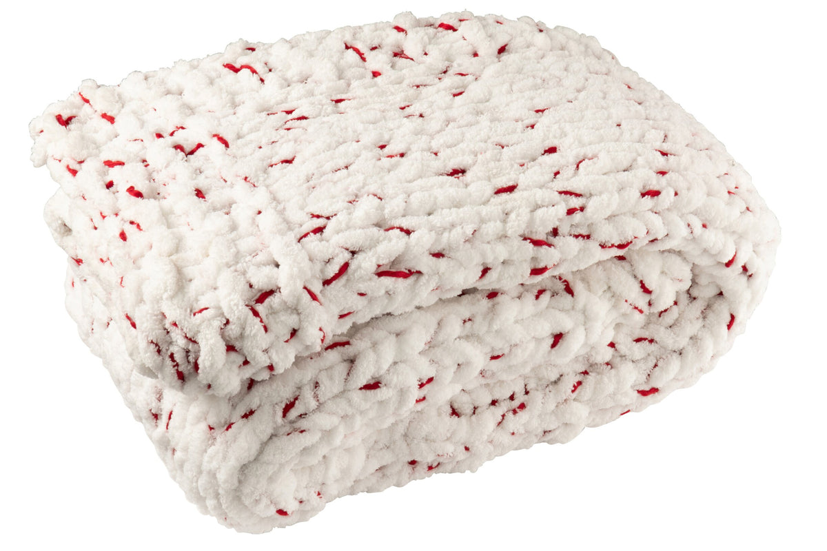 Plaid gebreid – polyester, wit en kerstrood, 130 x 170 cm