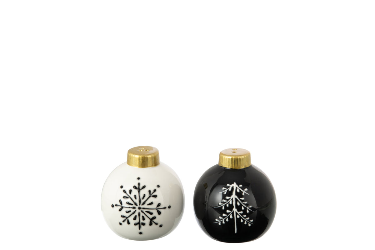 Peper- en zoutstel kerstbal rond – dolomiet, zwart en wit, Ø8 x 8 cm