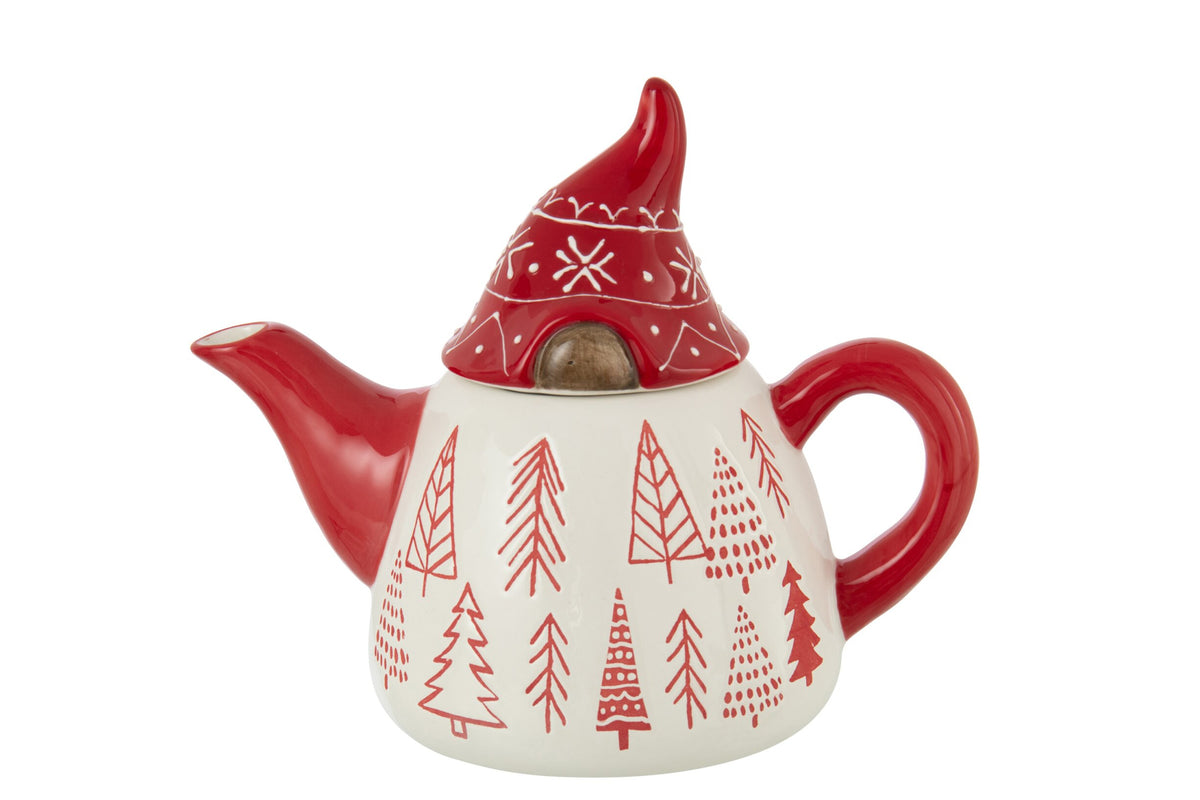 Theepot kerstman – dolomiet, wit en kerstrood, 22,8 x 14 x 18,5 cm