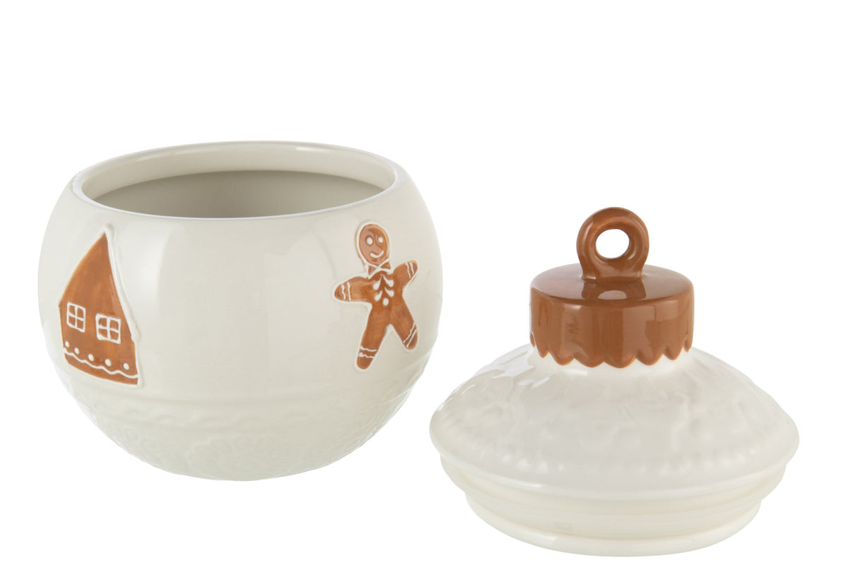 Voorraadpot kerstbal rond – dolomiet, wit en karamel, Ø16,5 x 18 cm