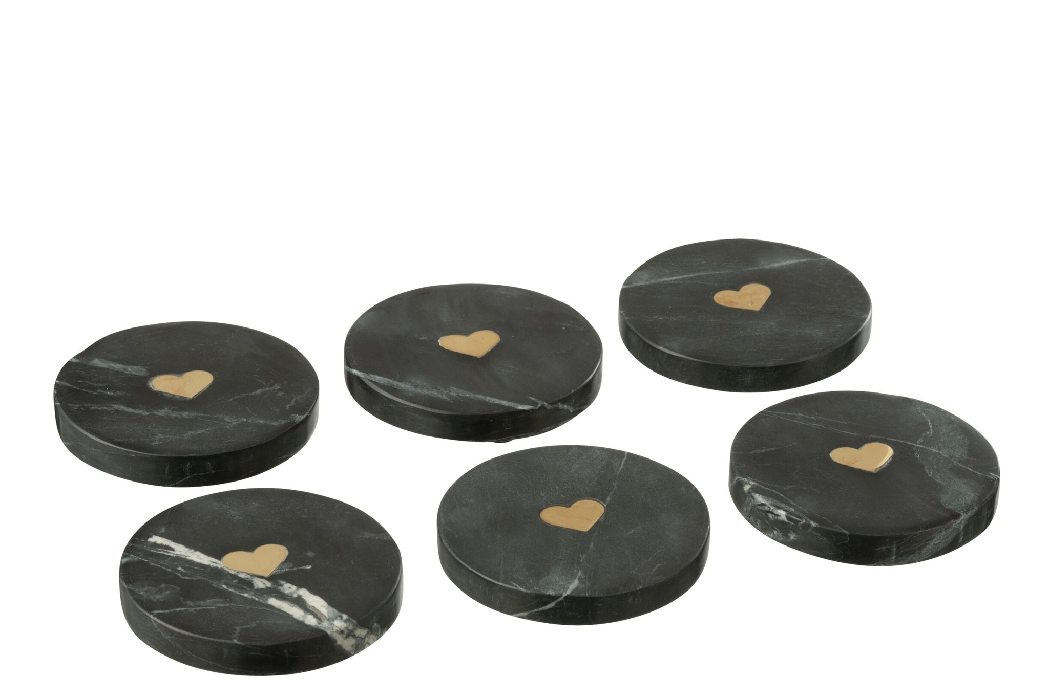 Box Of 6 Coasters Heart Marble Black/Gold Coloured