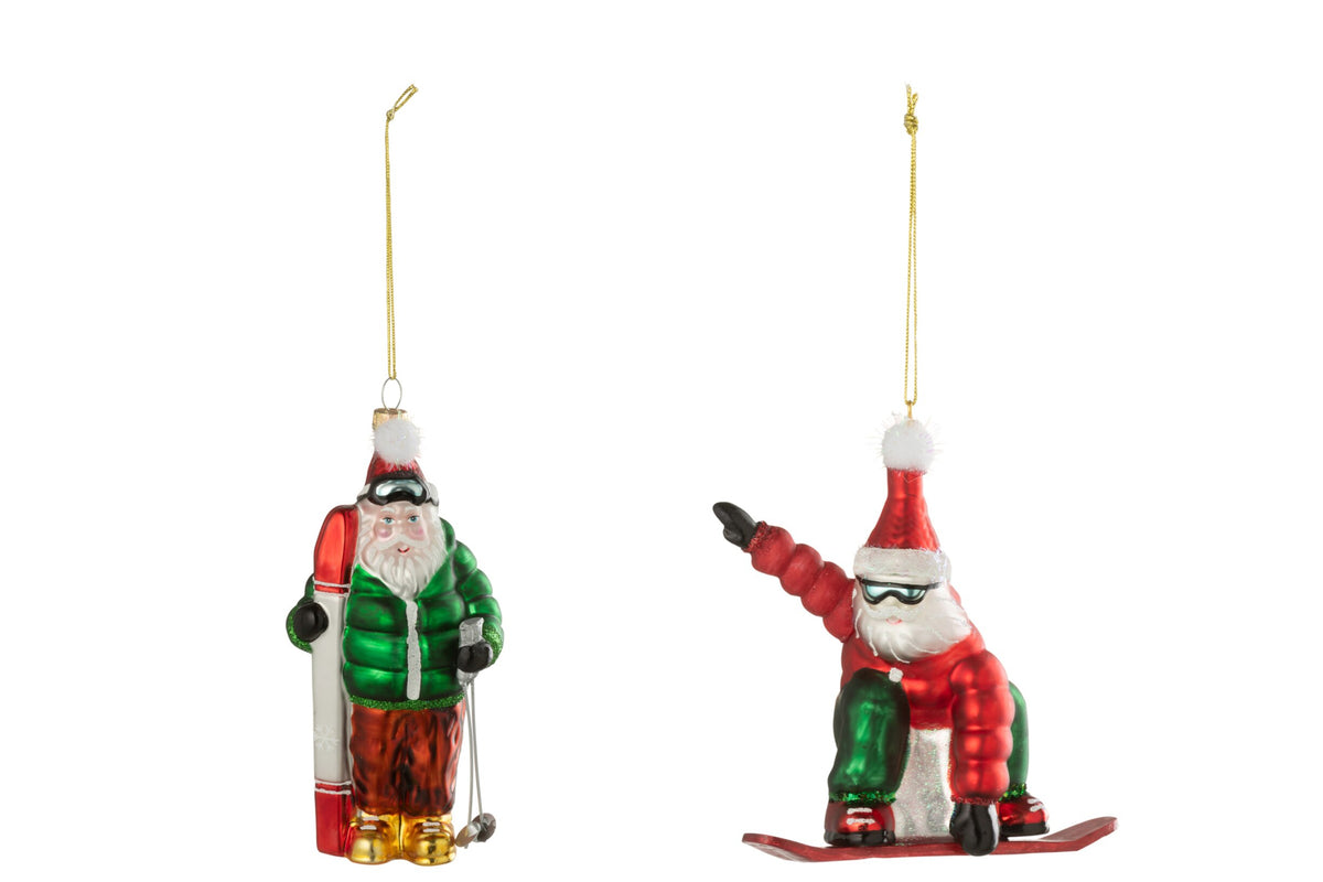 Kersthanger kerstman ski en snowboard – set van 2, glas, kerstrood en donkergroen, 10,7 cm