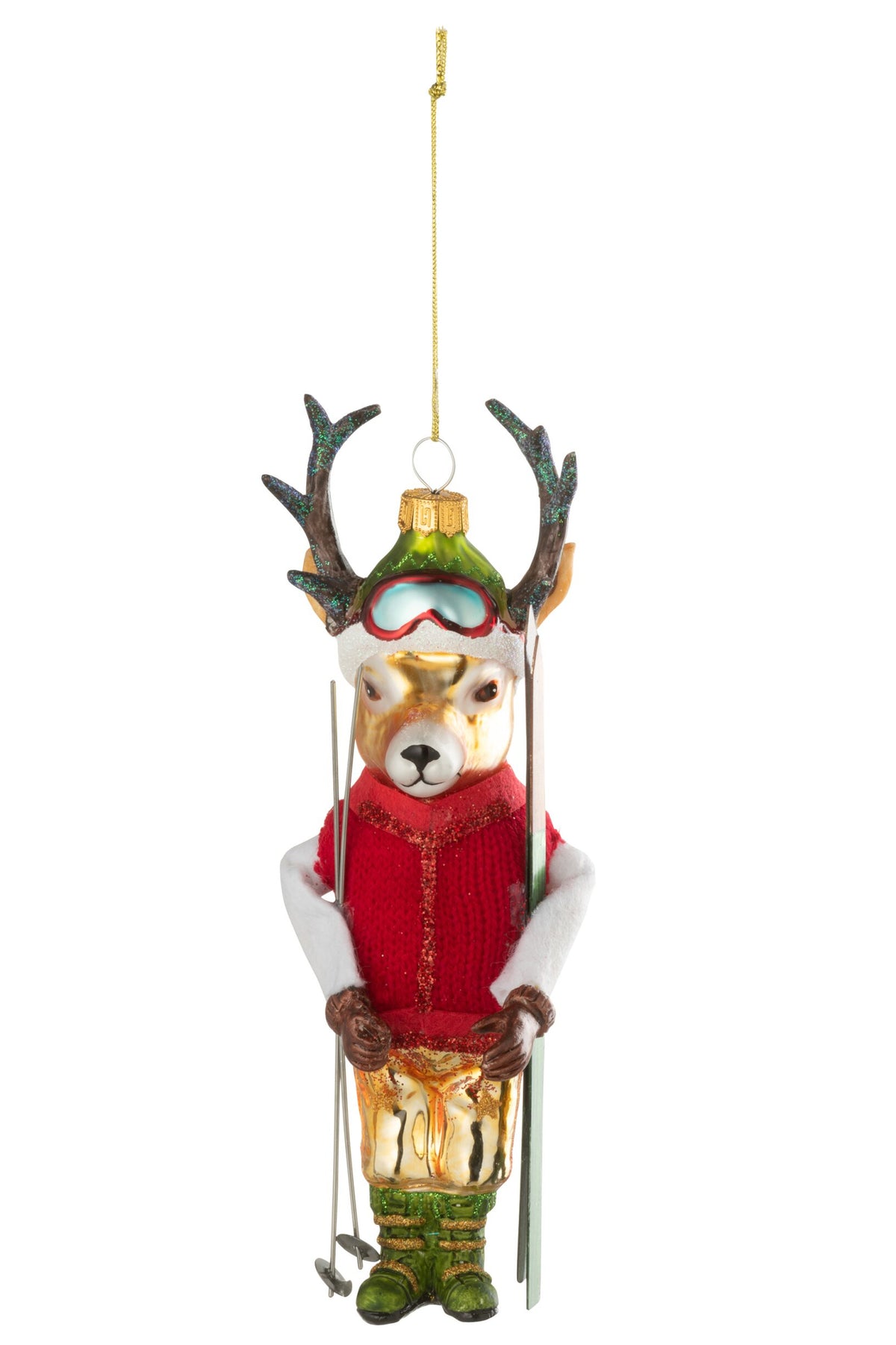 Kersthanger rendier op ski's – glas, bruin en kerstrood, 18,8 cm