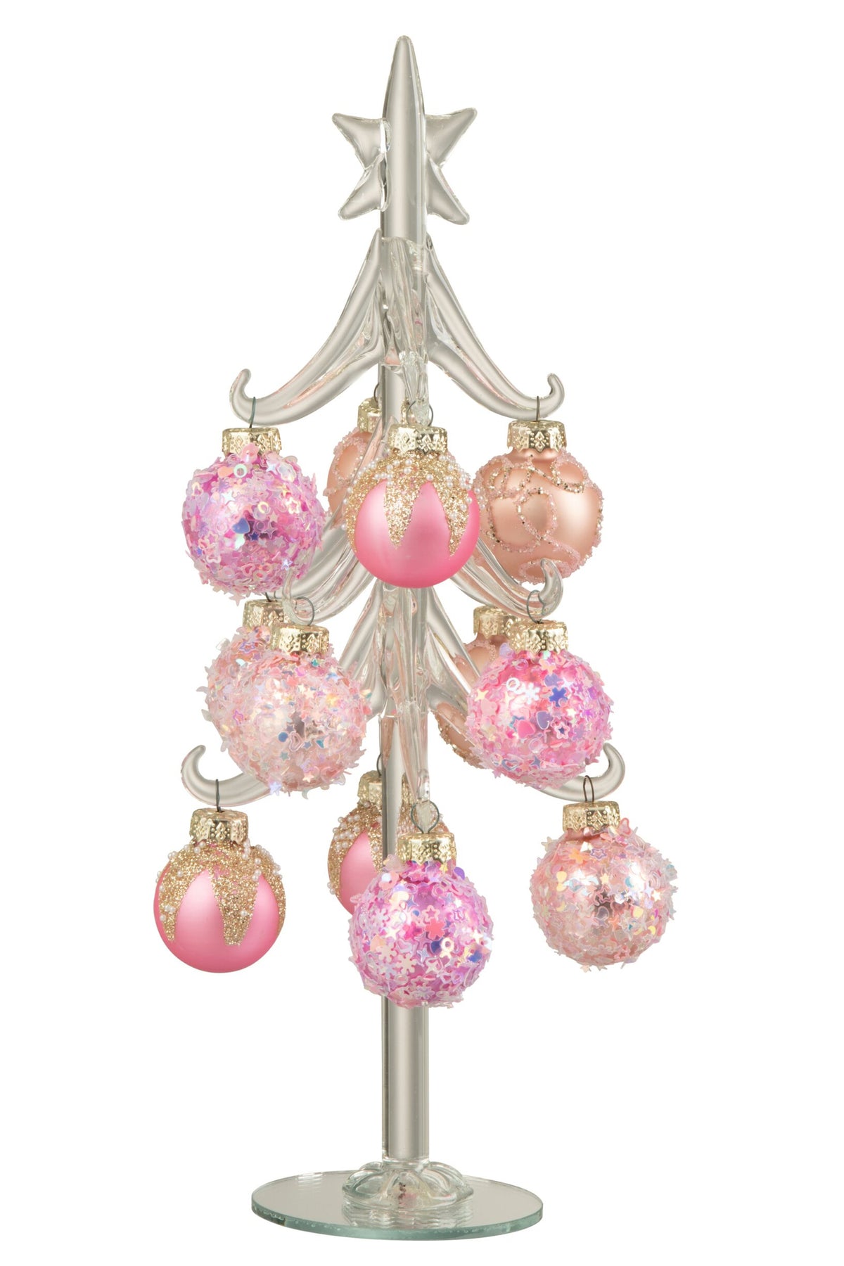 Glazen kerstboompje met kerstballen – glas, roze en transparant, 27 cm