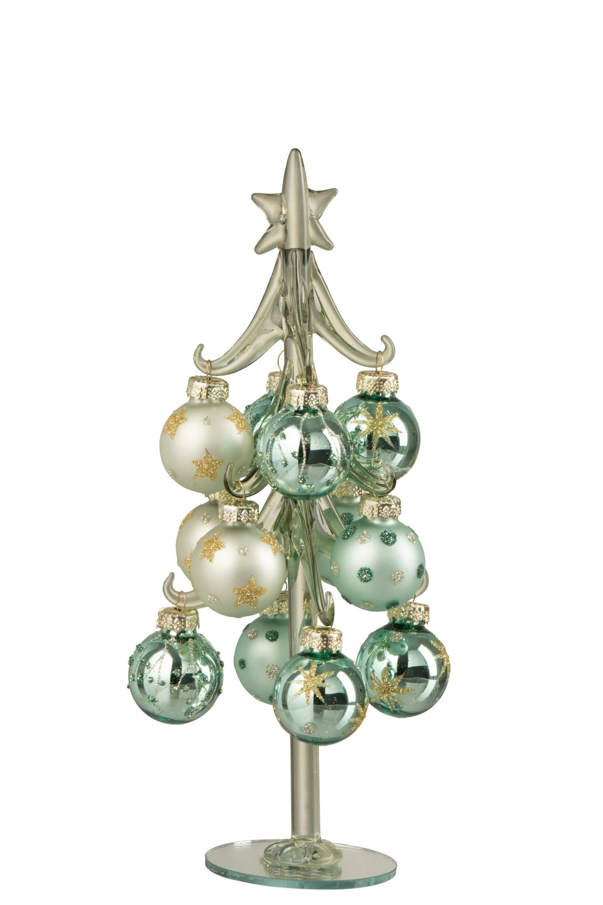 Glazen kerstboompje met kerstballen – glas, mintgroen en lichtblauw, 21 cm