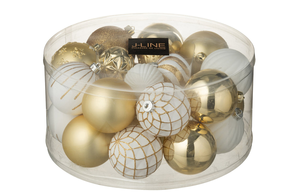 Kerstballen doos van 30 – kunststof, wit en goud