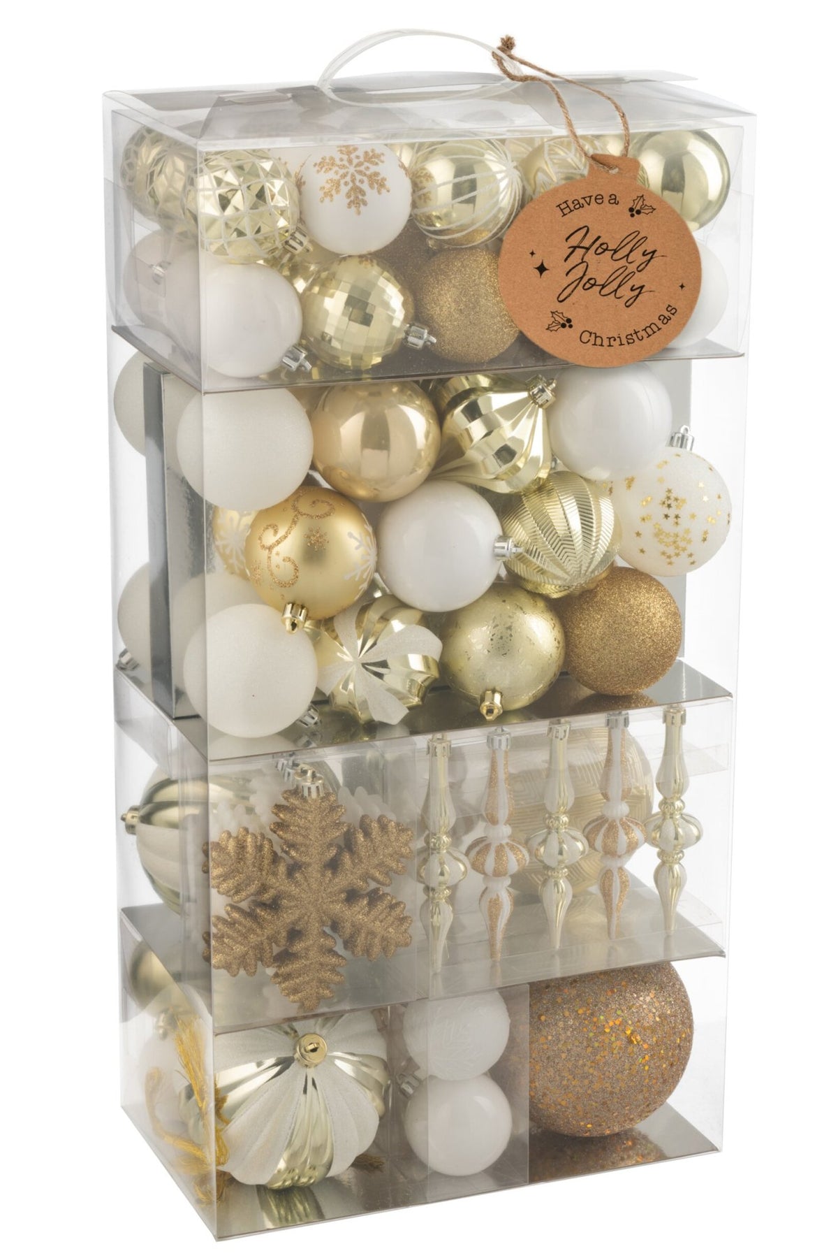 Kerstballen doos van 80 – kunststof, wit en goud, 30×18×58 cm