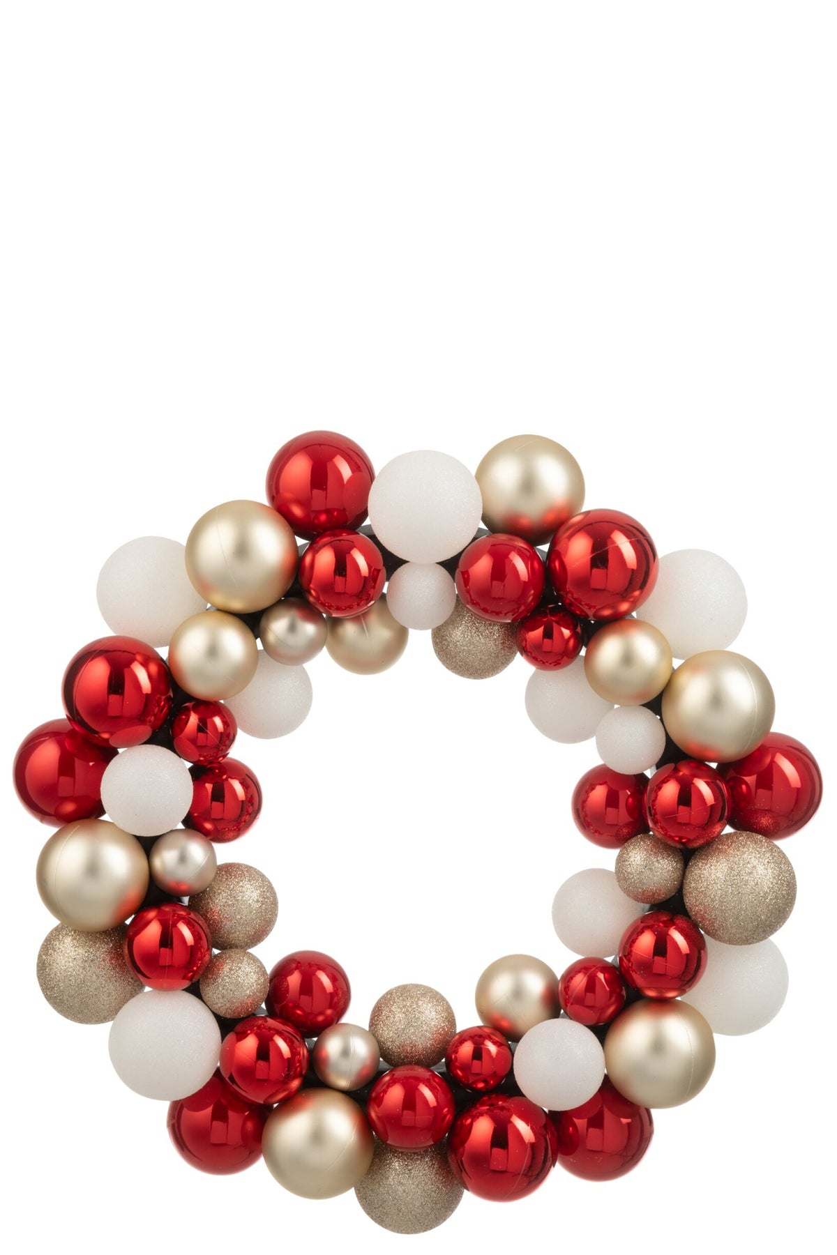 Kerstkrans met kerstballen – kunststof, kerstrood en goud, Ø35 cm