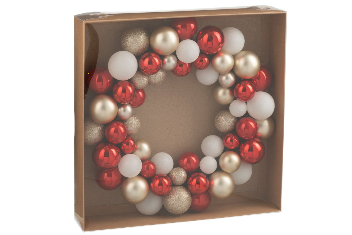 Kerstkrans met kerstballen – kunststof, kerstrood en goud, Ø35 cm